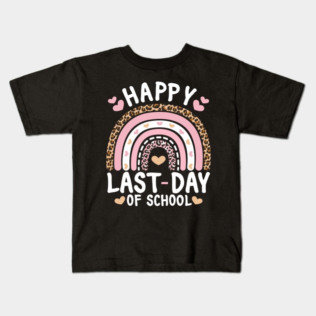 Happy Last Day of School Teacher Student Leopard Rainbow Kids T-Shirt by BramCrye